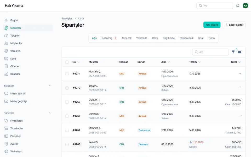 Web paneli, Siparişler: Bütün işler; duruma göre süzgeç, Excel'e aktarma.